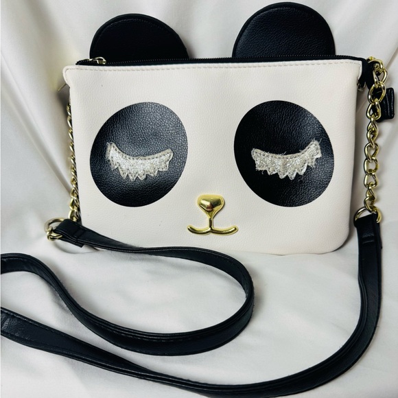 Betsey Johnson Panda Face Crossbody Wristlet Black White Gold - Picture 3 of 16